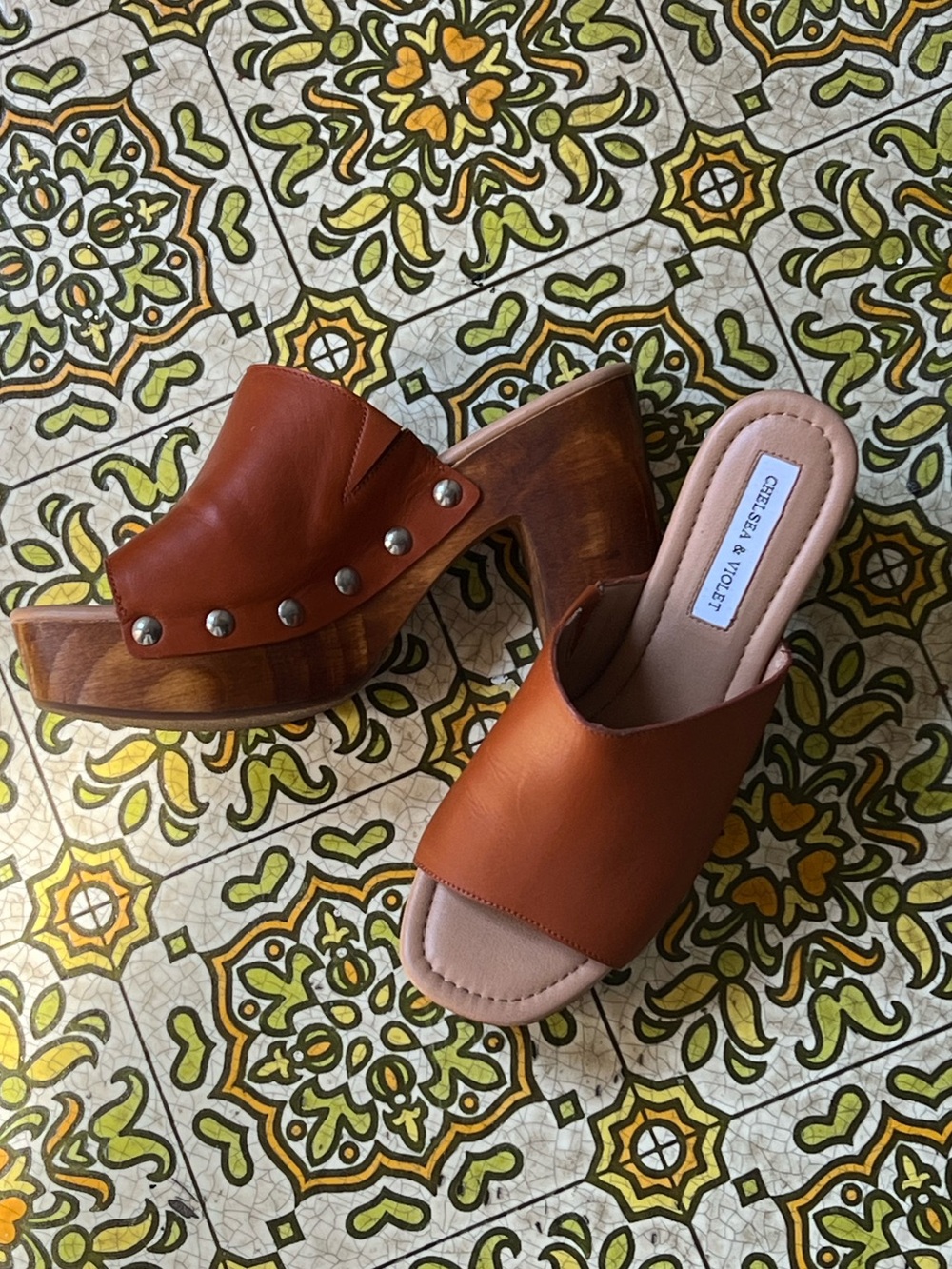 Chelsea & Violet Cognac Leather Studded Wooden Platform Mules